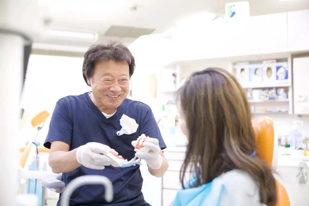 歯科医師が歯の模型を使って患者様に説明している様子