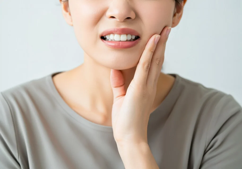 顎に手を当て不快感を訴える女性