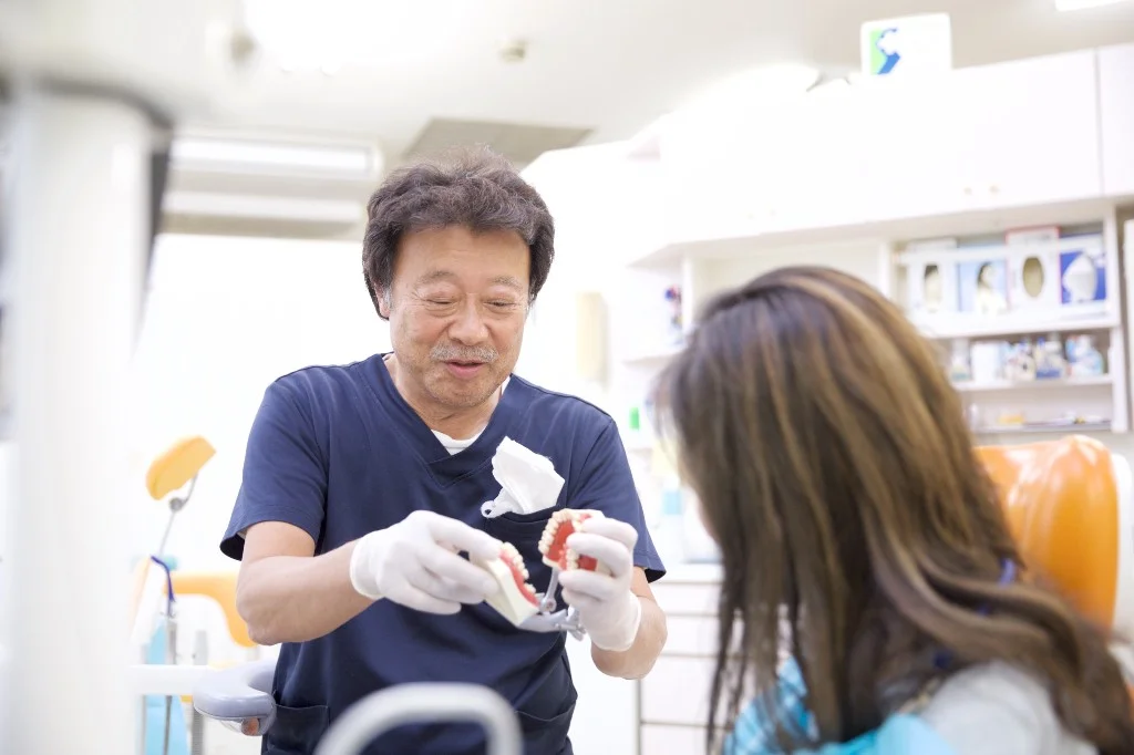 歯科模型を用いて患者へ説明する歯科医師