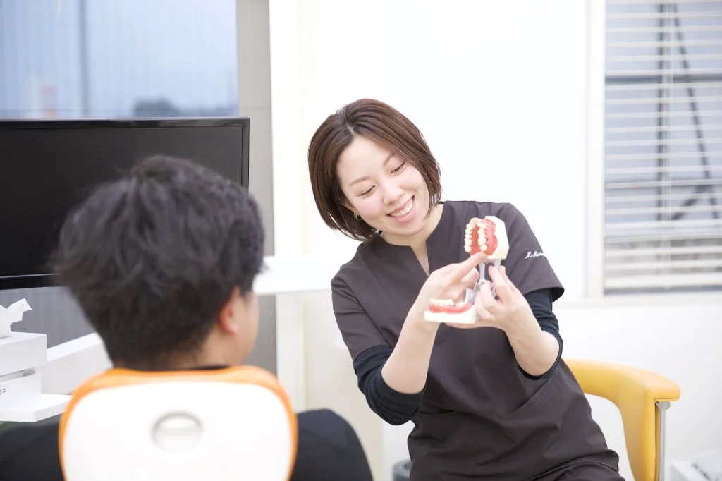 歯科模型を用いて歯周病の状態を説明している様子